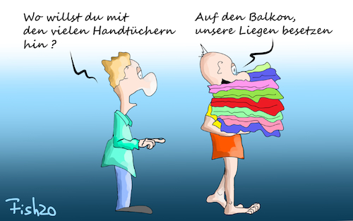 Cartoon: Balkonurlaub 2020 (medium) by Fish tagged corona,covid,19,pandemie,urlaub,reisewarnung,ferien,ausland,balkon,abstand,ansteckung,handtücher,kontaktverbot