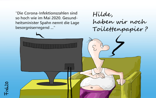 Cartoon: Corona-Fallzahlen steigen (medium) by Fish tagged corona,spahn,jens,gesundheitsminister,oandemie,hilde,toilettenpapier,hamstern,horten,versorgung,zweite,welle,ansteckung,cdu,fish