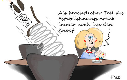 Cartoon: Establishment (medium) by Fish tagged cdu,merkle,merz,establishment,vorsitzender,machtkampf,knopf,schleudersitz