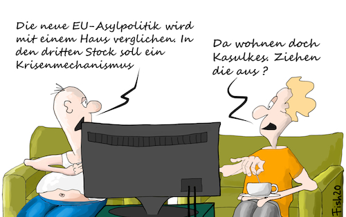 Cartoon: EU-Asylreform (medium) by Fish tagged eu,asyl,politik,flüchtlinge,lastenverteilung,2015,grenzen,migration,kommission,haus,stockwerke,fernseher,sessel