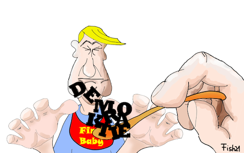 Cartoon: First Baby (medium) by Fish tagged demokratie,bay,trump,usa,brei,löffel,lätzchen,sturm,kapitol,verschwöhrungstheorie,qanon,wahlen,verlierer,biden,president