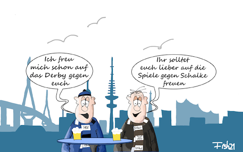 Cartoon: HSV gegen Schalke (medium) by Fish tagged hsv,st,pauli,zweite,liga,aufstieg,fussball,erste,fc,schalke,derby,freuen,freude