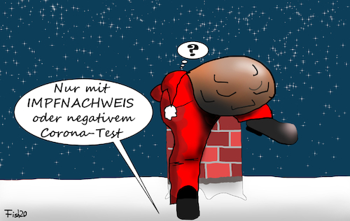 Cartoon: Impfnachweis (medium) by Fish tagged corona,impfen,lockdown,weihnachtsmann,schornstein,dach,schnee,impfnachweis,test