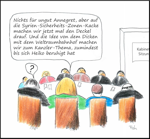 Cartoon: Kabinettssitzung (medium) by Fish tagged merkel,politik,maas,syrien,kramp,karrenbauer