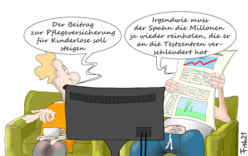 Cartoon: Kinderlose (medium) by Fish tagged spahn,jens,kinderlose,kinder,pflegeversicherung,beiträge,pflege,millionen,testzentren,betrug,abrechnung,cdu