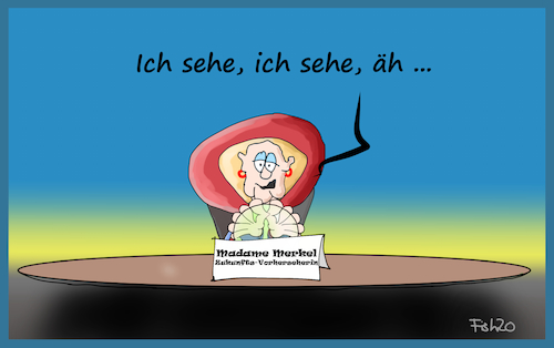 Cartoon: Madame Merkel (medium) by Fish tagged merkel,bundestag,befragung,zukunft,vorherseher,wahrsager,christallkugel,kopftuch,cdu,corona,pandemie