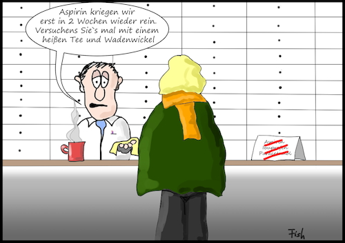 Cartoon: Medikamentenengpass I (medium) by Fish tagged medikamente,engpass,arzt,rezept,krank,krankheit,apotheke,aspirin,ibuprofen,paracetamol,schmerzmittel,schmerzen
