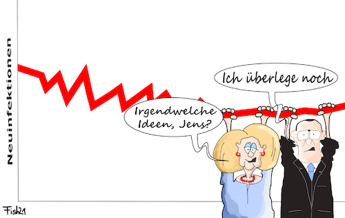 Cartoon: Neuinfektionen stagnieren (medium) by Fish tagged neuinfektionen,corona,inzidenz,mutante,mutation,idee,briten,b117,ansteckung,erhöht,lockerung,lockdown,merkel,spahn,cdu,grafik