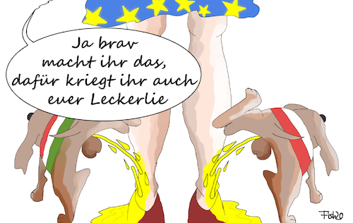 Cartoon: Rechtsstaatsmechanismus (medium) by Fish tagged eu,gipfel,kompromiss,merkel,ungarn,polen,viktor,orban,rechtsstaatlichkeit,europäischer,gerichtshof,urteil,haushalt,corona,wiederaufbaufonds,gegenleistung,leckerlie,hunde,anpissen,ans,bein,pissen