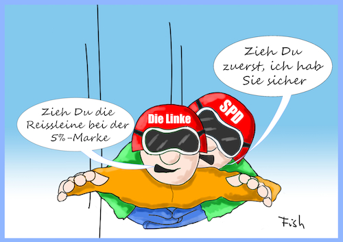 Cartoon: SPD will mit Linken fusionieren (medium) by Fish tagged spd,die,linke,fusion,links,rechts,afd,cdu,parteien,ralf,stegner,reissleine,fallschirm,tandemsrpung,fallschrimsprung