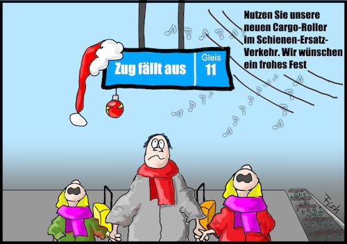 Cartoon: Zug fällt aus (medium) by Fish tagged zug,verpätung,deutsche,bahn,cargo,roller,feiertagsverkehr,weihnachten