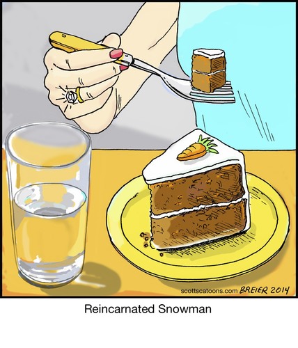 Cartoon: Reincarnated Snowman (medium) by noodles tagged snowman,reincarnation,water,coal,diamond,carrot,cake