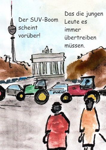 Cartoon: Traktoren über Berlin (medium) by Stefan von Emmerich tagged suv,traktoren,bauernproteste,bauern,demonstration,berlin,unter,den,linden,agrapolitik,vekehrskaos,bauernverband