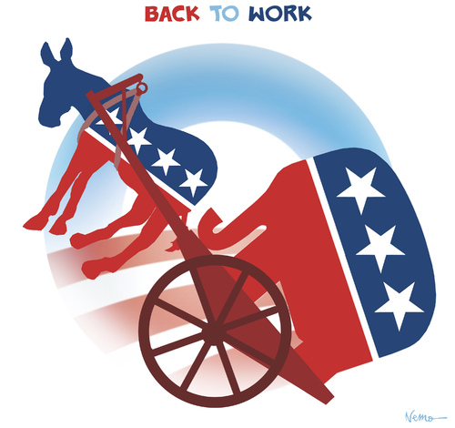 Cartoon: BACK TO WORK (medium) by NEM0 tagged usa,presidential,barak,obama,democrats,republicans,congress,senate