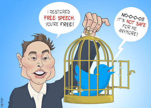 Cartoon: Elon Frees the Bird (medium) by NEM0 tagged ua,usa,elon,musk,twitter,twit,bird,free,speech,open,cage,censorship,shadowban,ban,safe,space,nemo,nem0,ua,usa,elon,musk,twitter,twit,bird,free,speech,open,cage,censorship,shadowban,ban,safe,space,nemo,nem0