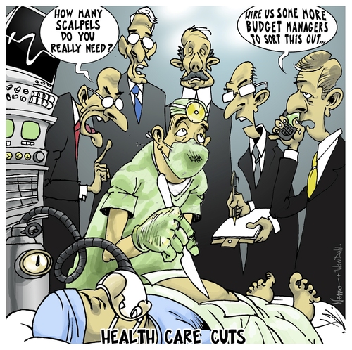 Cartoon: Health Care Cuts (medium) by NEM0 tagged hospital,hospitals,scalpel,scalpels,surgery,surgeries,surgeon,surgeons,physician,physicians,doctor,doctors,cut,cuts,budget,budgets,recession,manager,managers,management,managements,health,care,deficit,deficits,system
