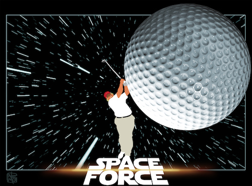Cartoon: Launching Space Force (medium) by NEM0 tagged space,force,star,wars,djt,donald,trump,reagan,war,us,military,arms,race,armed,forces,pentagon,golf,ball,deathstar,reach,the,stars,hyperspace,launch,launching,tech,technology,energy,outerspace,nemo,nem0,space,force,star,wars,djt,donald,trump,reagan,war,us,military,arms,race,armed,forces,pentagon,golf,ball,deathstar,reach,the,stars,hyperspace,launch,launching,tech,technology,energy,outerspace,nemo,nem0