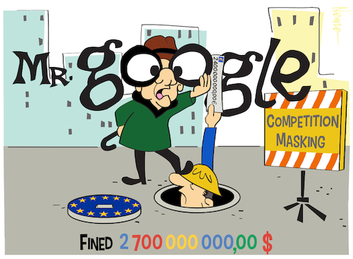 Cartoon: Mr. Google (medium) by NEM0 tagged google,shopping,search,engine,results,competition,masking,eu,penalty,fine,euro,europe,shop,nemo,billion,euros,nem0