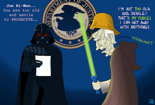 Cartoon: Unprosecutable Joe Biden Force (medium) by NEM0 tagged 2024,usa,america,joe,biden,white,house,washington,dc,swamp,classified,documents,handling,charge,prosecute,ability,old,senile,ederly,memory,unfit,govern,doj,compos,mentis,robert,hur,justice,felony,trial,jury,special,counsel,merrick,garland,obama,clinton,trump,maga,fbi,obi,wan,star,wars,darth,vader,light,saber,pistachio,nemo