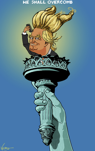 Cartoon: We Shall Overcomb (medium) by NEM0 tagged trump,president,liberty,flame,light,us,usa,comb,overcome,america,trump,president,liberty,flame,light,us,usa,comb,overcome,america,hairstyle,coiffure