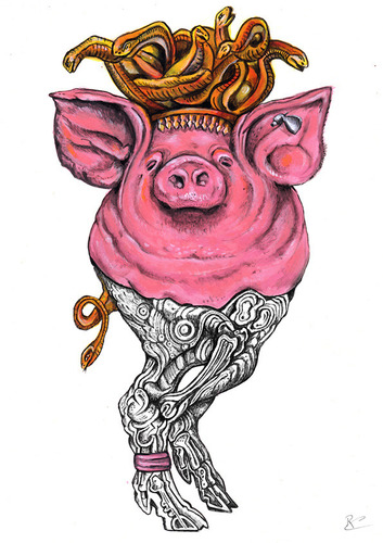 Cartoon: Medusa Pig (medium) by Battlestar tagged illustration,tiere,tier,animals,animal,schwein,pig,medusa,skelett,skeleton,snake,nature,natur,schlange,bizarre,fiction,mix