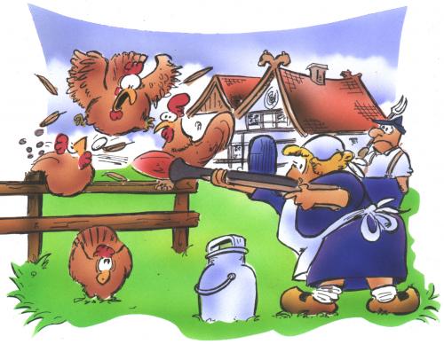 Cartoon: Abendessenvorbereitung (medium) by HSB-Cartoon tagged hähnchen,bauernhof,essen,,hähnchen,bauernhof,essen,huhn,hahn,eier,schiessen,flinte,erlegen,legen,eierbatterie,hühnerstall,landwirtschaft