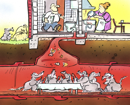 Cartoon: diner for rats (medium) by HSB-Cartoon tagged rats,house,living,sewagesystem,drain,cartoon,caricature,airbrush,haus,wohnen,wohnung,essen,nahrung,abfall,müll,mittagessen,gastronomie,küche,ratten,ratte,allesfresser,kanalisation,tier,tiere,reste