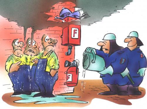 Cartoon: Fehlalarm (medium) by HSB-Cartoon tagged feuerwehr,wasser,fehlalarm,,feuerwehr,wasser,fehlalarm,löschen,umsonst,rache,qualm,zigarette,rauchverbot,feuerlöscher,denkzettel,warnung,alarm,brand,eimer