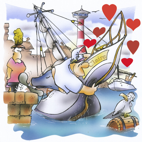 Cartoon: loveboat (medium) by HSB-Cartoon tagged boat,ship,sailing,water,sea,ocean,harbour,port,skipper,capitain,sail,love,cartoon,caricature,airbrush
