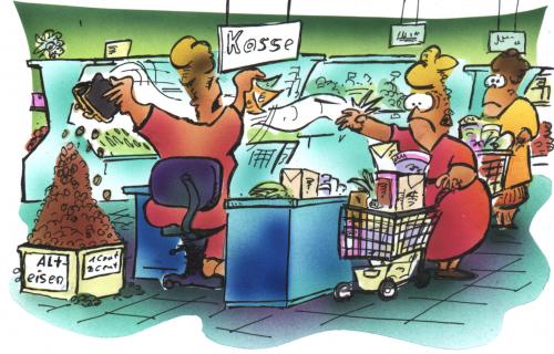 Cartoon: money (medium) by HSB-Cartoon tagged money,supermarket,coins,banknote,geld,einkauf,supermarkt,kasse,kleingeld,münze,schein,altmetall,einkaufswagen,lebensmittel,wertlos,handel,marktkette
