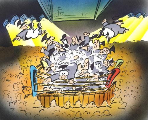 Cartoon: Wahlkampf (medium) by HSB-Cartoon tagged politik,wahlen,wahlkampf,parteien,,politik,wahlen,wahlkampf,partei,spd,cdu,fdp,linke,csu,grüne,npd,ringkampf,polemik,wahlversprechen