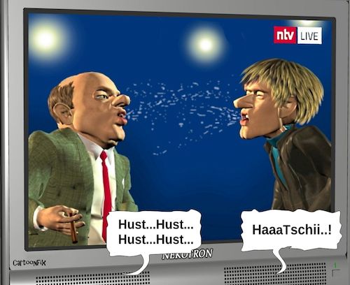 Cartoon: Virus-Übertragung LIVE (medium) by Cartoonfix tagged corona,virus,virusübertragung,fernsehübertragung,tröpfcheninfektion