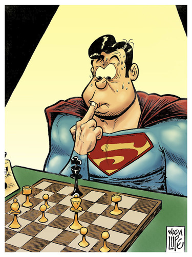 Cartoon: en apuros y sin villano (medium) by Wadalupe tagged superman,superheroe,ajedrez,apuros,torneo,acorralado