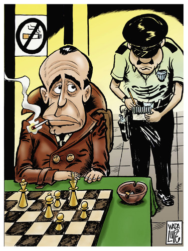 Cartoon: smoked in your eyes mr bogart (medium) by Wadalupe tagged smoke,bogart,chess,tourney,law,tax,money,health,fine