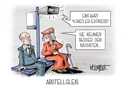 Cartoon: Abstellgleis (medium) by Mirco Tomicek tagged sanierung,deutsche,bahn,sanierungsplan,marode,zug,züge,gleis,gelsie,bahnhof,kanzlerfrage,kanzler,kandidat,kandidatur,kfrage,frage,kandidaten,kanzlerkandidaten,spd,olaf,scholz,union,merz,alte,dame,karikatur,pressekarikatur,cartoon,mirco,tomicek,sanierung,deutsche,bahn,sanierungsplan,marode,zug,züge,gleis,gelsie,bahnhof,kanzlerfrage,kanzler,kandidat,kandidatur,kfrage,frage,kandidaten,kanzlerkandidaten,spd,olaf,scholz,union,merz,alte,dame,karikatur,pressekarikatur,cartoon,mirco,tomicek