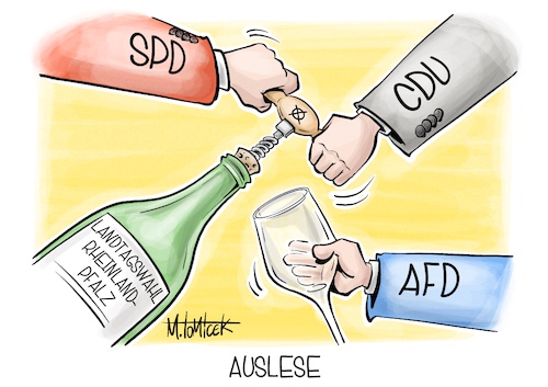 Cartoon: Auslese (medium) by Mirco Tomicek tagged landtagswahl,landtagswahlen,rheinland,pfalz,cdu,spd,afd,wahlen,wahl,umfrage,riesling,federweißer,wein,pfälzer,karikatur,pressekarikatur,cartoon,mirco,tomicek,landtagswahl,landtagswahlen,rheinland,pfalz,cdu,spd,afd,wahlen,wahl,umfrage,riesling,federweißer,wein,pfälzer,karikatur,pressekarikatur,cartoon,mirco,tomicek