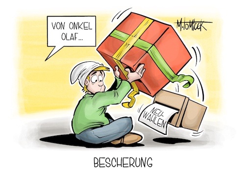 Cartoon: Bescherung (medium) by Mirco Tomicek tagged olaf,scholz,bundestag,vertrauensfrage,vertrauen,frage,neuwahlen,neu,wahl,wahlen,gewählt,spd,ampel,aus,ampelkoalition,regierung,grüne,fdp,afd,union,linke,bsw,wahlkampf,weihnachten,karikatur,pressekarikatur,cartoon,mirco,tomicek,olaf,scholz,bundestag,vertrauensfrage,vertrauen,frage,neuwahlen,neu,wahl,wahlen,gewählt,spd,ampel,aus,ampelkoalition,regierung,grüne,fdp,afd,union,linke,bsw,wahlkampf,weihnachten,karikatur,pressekarikatur,cartoon,mirco,tomicek