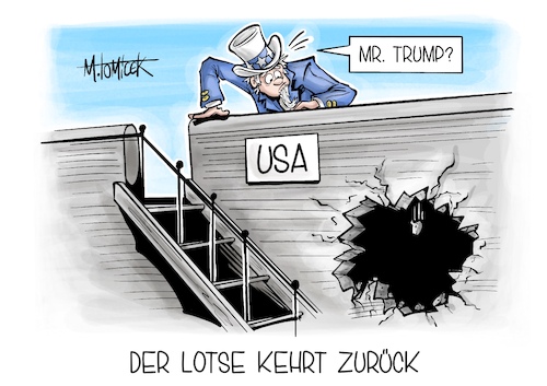 Cartoon: Der Lotse kehrt zurück (medium) by Mirco Tomicek tagged donald,trump,weißes,haus,rückkehr,einzug,usa,amerika,präsident,us,uncle,sam,der,lotse,geht,von,bord,kehrt,zurück,mugshot,porträt,karikatur,pressekarikatur,cartoon,mirco,tomicek,donald,trump,weißes,haus,rückkehr,einzug,usa,amerika,präsident,us,uncle,sam,der,lotse,geht,von,bord,kehrt,zurück,mugshot,porträt,karikatur,pressekarikatur,cartoon,mirco,tomicek