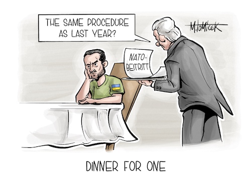 Cartoon: Dinner for one (medium) by Mirco Tomicek tagged ukraine,nato,außenminister,abendessen,unterstützung,untersstützen,krieg,russland,ukrainekrieg,selenskyj,dinner,for,one,same,procedure,als,last,year,karikatur,pressekarikatur,cartoon,mirco,tomicek,ukraine,nato,außenminister,abendessen,unterstützung,untersstützen,krieg,russland,ukrainekrieg,selenskyj,dinner,for,one,same,procedure,als,last,year,karikatur,pressekarikatur,cartoon,mirco,tomicek