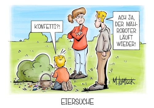 Cartoon: Eiersuche (medium) by Mirco Tomicek tagged ostern,ostereier,suche,ostereiersuche,eiersuche,osterhase,osterhasen,rasenmähen,rasen,mähen,mähroboter,wetter,osterferien,karikatur,pressekarikatur,cartoon,mirco,tomicek,ostern,ostereier,suche,ostereiersuche,eiersuche,osterhase,osterhasen,rasenmähen,rasen,mähen,mähroboter,wetter,osterferien,karikatur,pressekarikatur,cartoon,mirco,tomicek