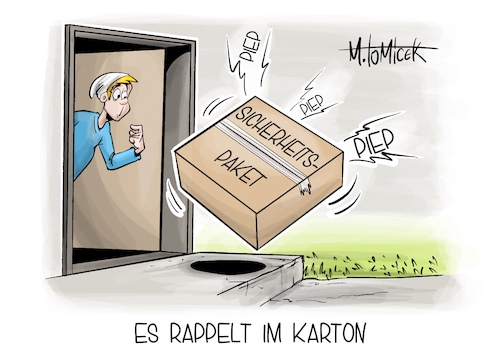 Cartoon: Es rappelt im Karton (medium) by Mirco Tomicek tagged bundestag,sicherheitspaket,paket,sicherheit,innere,messer,attentat,angriff,migration,ampelkoalition,ampel,union,waffenrecht,terror,warntag,warnung,cell,broadcast,sirenen,probealarm,cartoon,karikatur,pressekarikatur,mirco,tomicek,bundestag,sicherheitspaket,paket,sicherheit,innere,messer,attentat,angriff,migration,ampelkoalition,ampel,union,waffenrecht,terror,warntag,warnung,cell,broadcast,sirenen,probealarm,cartoon,karikatur,pressekarikatur,mirco,tomicek