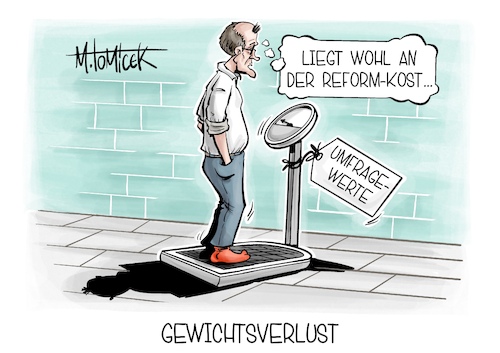 Cartoon: Gewichtsverlust (medium) by Mirco Tomicek tagged friedrich,merz,union,cdu,csu,spd,koalition,regierung,umfragetief,umfrage,wähler,wahlen,tief,stimmen,kabinett,bundeskabinett,reformen,refom,gesundheit,gesundheitsreform,krankenkassen,krankenkassenreform,rente,haushalt,karikatur,cartoon,pressekarikatur,mirco,tomicek,friedrich,merz,union,cdu,csu,spd,koalition,regierung,umfragetief,umfrage,wähler,wahlen,tief,stimmen,kabinett,bundeskabinett,reformen,refom,gesundheit,gesundheitsreform,krankenkassen,krankenkassenreform,rente,haushalt,karikatur,cartoon,pressekarikatur,mirco,tomicek