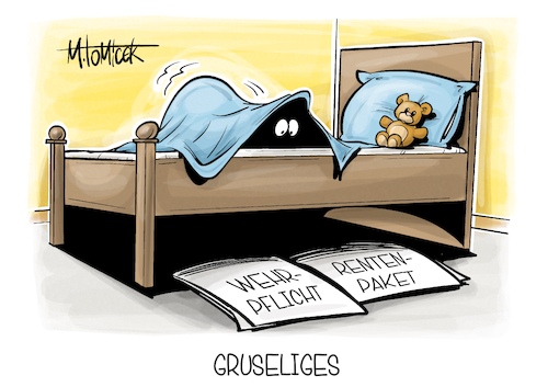 Cartoon: Gruseliges (medium) by Mirco Tomicek tagged pistorius,verteidigung,bundeswehr,wehrdienst,wehrpflicht,freiwillig,freiwillige,auslosen,soldaten,soldat,bundeswehrdienst,rente,rentenpaket,paket,aktiv,aktivrente,jugend,horror,grusel,halloween,karikatur,cartoon,pressekarikatur,mirco,tomicek,pistorius,verteidigung,bundeswehr,wehrdienst,wehrpflicht,freiwillig,freiwillige,auslosen,soldaten,soldat,bundeswehrdienst,rente,rentenpaket,paket,aktiv,aktivrente,jugend,horror,grusel,halloween,karikatur,cartoon,pressekarikatur,mirco,tomicek