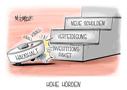 Cartoon: Hohe Hürden (medium) by Mirco Tomicek tagged haushalt,klingbeil,schulden,neuverschuldung,rekordinvestitionen,investitionspaket,paket,investition,wirtschaft,industrie,verteidigung,verteidigen,ukraine,krieg,bundeswehr,haushaltsloch,karikatur,pressekarikatur,cartoon,mirco,tomicek,haushalt,klingbeil,schulden,neuverschuldung,rekordinvestitionen,investitionspaket,paket,investition,wirtschaft,industrie,verteidigung,verteidigen,ukraine,krieg,bundeswehr,haushaltsloch,karikatur,pressekarikatur,cartoon,mirco,tomicek