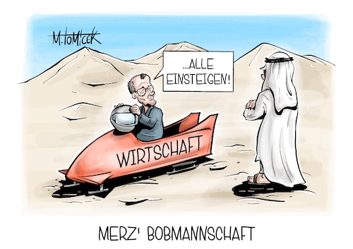 Cartoon: Merz Bobmannschaft (medium) by Mirco Tomicek tagged olympia,olympischen,winterspiele,spiele,olympisch,mailand,winter,bob,bobmannschaft,friedrich,merz,wirtschaft,energien,öl,gas,katar,saudi,arabien,golf,golfregion,karikatur,pressekarikatur,mirco,tomicek,olympia,olympischen,winterspiele,spiele,olympisch,mailand,winter,bob,bobmannschaft,friedrich,merz,wirtschaft,energien,öl,gas,katar,saudi,arabien,golf,golfregion,karikatur,pressekarikatur,mirco,tomicek