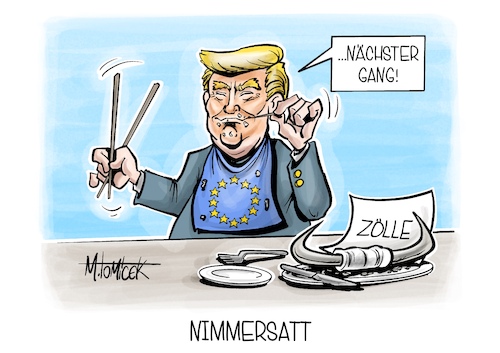 Cartoon: Nimmersatt (medium) by Mirco Tomicek tagged zollkonflikt,zoll,zölle,strafzölle,usa,us,amerika,donald,trump,china,konflikt,wirtschaft,industrie,europa,eu,karikatur,pressekarikatur,cartoon,mirco,tomicek,zollkonflikt,zoll,zölle,strafzölle,usa,us,amerika,donald,trump,china,konflikt,wirtschaft,industrie,europa,eu,karikatur,pressekarikatur,cartoon,mirco,tomicek