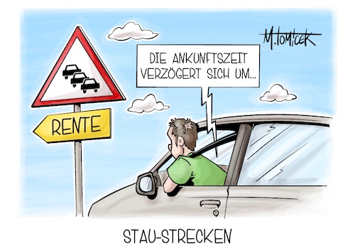 Cartoon: Stau-Strecken (medium) by Mirco Tomicek tagged pfingsten,feiertage,stau,staugefahr,auto,autobahn,langes,wochenende,rente,renten,rentendebatte,renteneintritt,alter,eintrittsalter,arbeiten,karikatur,cartoon,pressekarikatur,mirco,tomicek,pfingsten,feiertage,stau,staugefahr,auto,autobahn,langes,wochenende,rente,renten,rentendebatte,renteneintritt,alter,eintrittsalter,arbeiten,karikatur,cartoon,pressekarikatur,mirco,tomicek