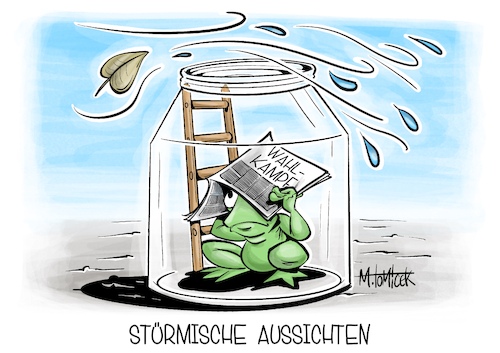 Cartoon: Stürmische Aussichten (medium) by Mirco Tomicek tagged stürmische,aussichten,sturm,stürme,wind,unwetter,schäden,wahlkampf,wahlen,wahl,parteien,wähler,neuwahlen,neuwahl,wetterfrosch,karikatur,pressekarikatur,cartoon,mirco,tomicek,stürmische,aussichten,sturm,stürme,wind,unwetter,schäden,wahlkampf,wahlen,wahl,parteien,wähler,neuwahlen,neuwahl,wetterfrosch,karikatur,pressekarikatur,cartoon,mirco,tomicek