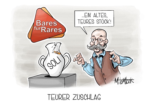 Cartoon: Teurer Zuschlag (medium) by Mirco Tomicek tagged klage,bverfg,bundesverfassungsgericht,gericht,bundesverfassung,soli,zuschlag,solidaritätszuschlag,reichensteuer,steuer,reich,klagen,ost,west,deutschland,bares,für,rares,horst,lichter,karikatur,pressekarikatur,cartoon,mirco,tomicek,klage,bverfg,bundesverfassungsgericht,gericht,bundesverfassung,soli,zuschlag,solidaritätszuschlag,reichensteuer,steuer,reich,klagen,ost,west,deutschland,bares,für,rares,horst,lichter,karikatur,pressekarikatur,cartoon,mirco,tomicek