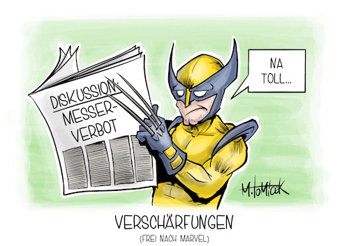 Cartoon: Verschärfungen (medium) by Mirco Tomicek tagged solingen,messerattacke,anschlag,attacke,debatte,diskussion,messer,messerverbot,verbot,wolverine,marvel,cartoon,karikatur,pressekarikatur,mirco,tomicek,solingen,messerattacke,anschlag,attacke,debatte,diskussion,messer,messerverbot,verbot,wolverine,marvel,cartoon,karikatur,pressekarikatur,mirco,tomicek